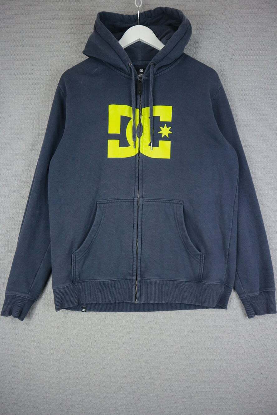 DC Shoe Co Full Zip Hoodie Sweatshirt Navy Blue Neon Yellow Logo Men's M Vintage